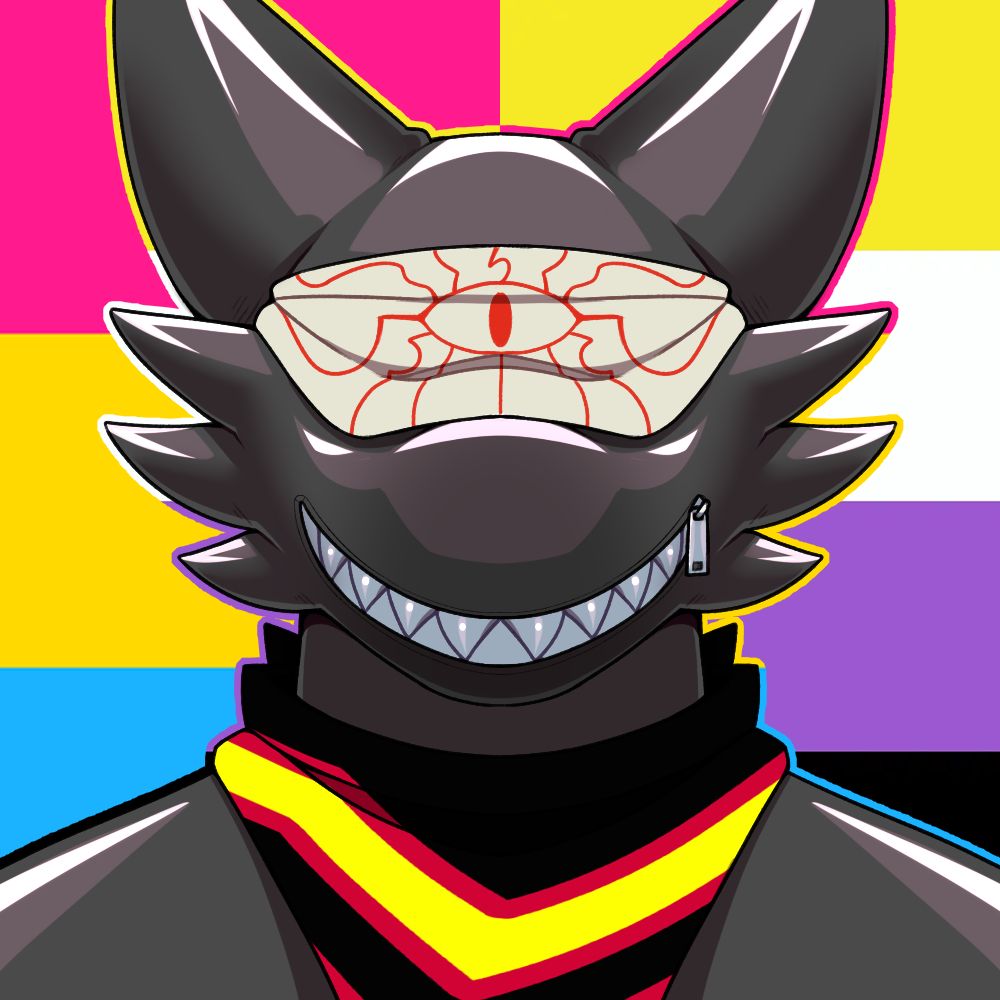 Kobold (izax) in full rubber with a zipper mouth and eye mask (with an eye motif).

Wearing a rubber pride scarf, surronded by a pan/non binary flag combo 
