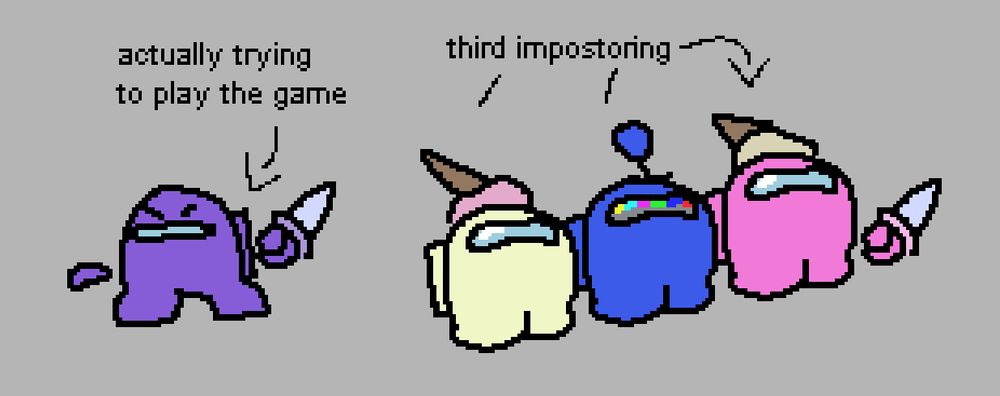 Picture of the next game where 3/4 of the players are doing it again and the second impostor is completely oblivious to it