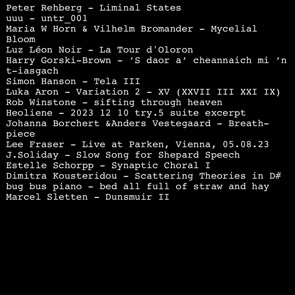 Peter Rehberg - Liminal States
uuu - untr_001
Maria W Horn & Vilhelm Bromander - Mycelial Bloom
Luz Léon Noir - La Tour d'Oloron
Harry Gorski-Brown - ’S daor a’ cheannaich mi ’n t-iasgach
Simon Hanson - Tela III
Luka Aron - Variation 2 - XV (XXVII III XXI IX)
Rob Winstone - sifting through heaven
Heoliene - 2023 12 10 try.5 suite excerpt
Johanna Borchert &Anders Vestegaard - Breath-piece
Lee Fraser - Live at Parken, Vienna, 05.08.23
J.Soliday - Slow Song for Shepard Speech
Estelle Schorpp - Synaptic Choral I
Dimitra Kousteridou - Scattering Theories in D#
bug bus piano - bed all full of straw and hay
Marcel Sletten - Dunsmuir II
