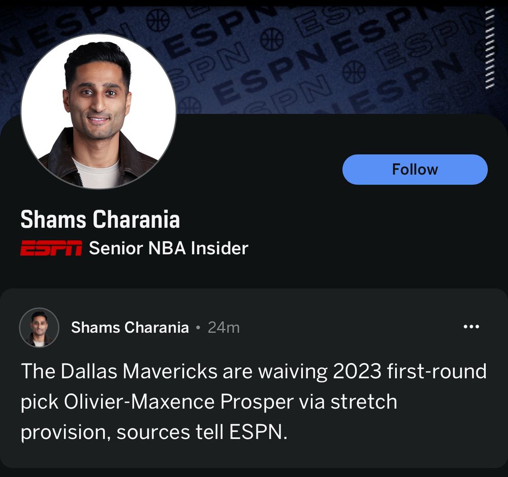 Image that reads: The Dallas Mavericks are waiving 2023 first-round pick Olivier-Maxence Prosper via stretch provision, sources tell ESPN.