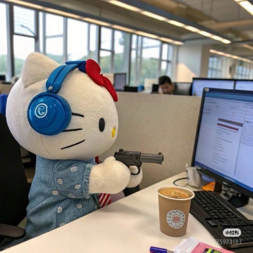 hello kitty at her desk about to shoot the computer 