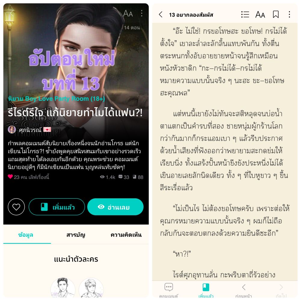ตัวอย่างเนื้อหานิยายเรื่อง รีไรต์รีใจ แก้นิยายทำไมได้แฟน บทที่ 13