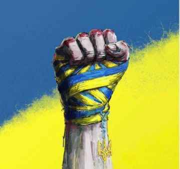 A drawing of a hand squeezed into a fist, wrapped with a blue and yellow Ukrainian ribbon with a gold Ukrainian medallion hanging from it, in front of a blue snd yellow background. SLAVA UKRANI 