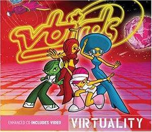 Cover art for VIRTUALITY. The Vbirds are posing on a pink/orange disco stage with their planet and spaceship in the background.
