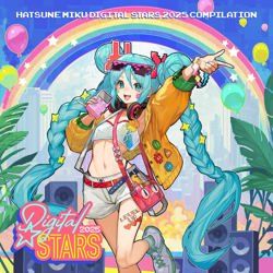 Cover art for Digital Stars 2025. Miku is posing against a city scale and a rainbow whole on her chunky flip phone.