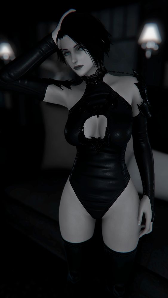 Lovely Zero from FFXIV. Short black hair, pale white skin, latex outfit, light blue eyes. She is using her left hand to comb back her hair, and her right hand rests at her side gently scratching her skin with her nails. 

She stands in front of a couch in a very black and white, dim lit gothic hiding.