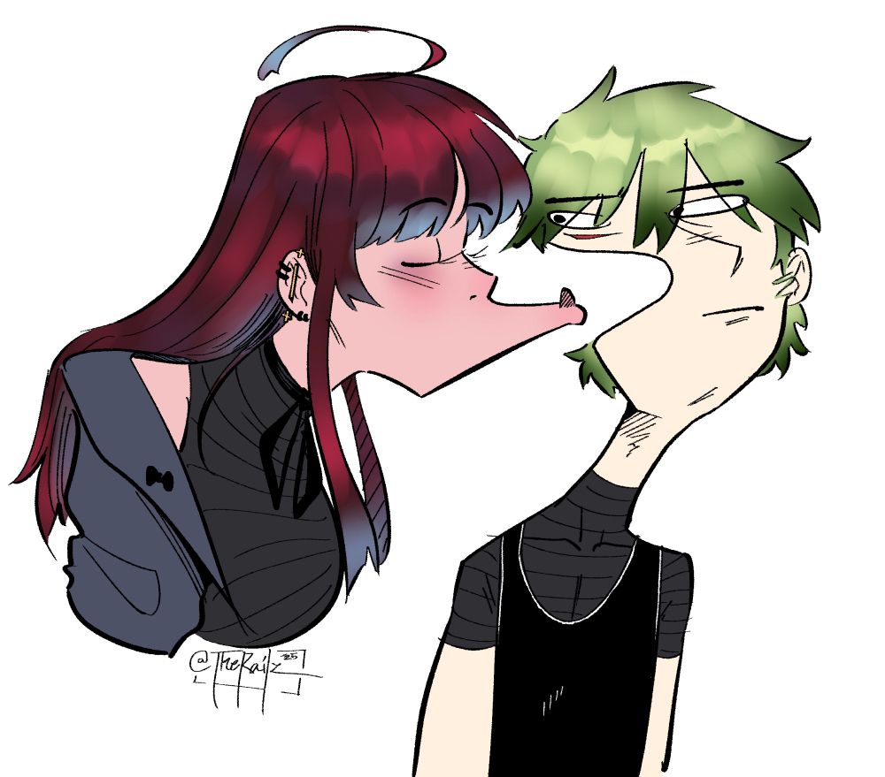 Woman cartoonishly attempting to kiss a man. Her lips are stretched out trying to reach the man whose head is exaggeratedly curved inwards and leaning away to avoid the kiss 