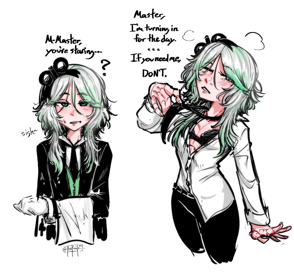 Fanart of vtuber Cecilia Immergreen of Hololive English Justice with a wolfcut haircut and wearing a butler’s uniform. 1 image shows her holding a towel, another shows her loosening her tie with her shirt unbuttoned. Text reads - “M-Master, you’re staring…” and “Master, I’m turning in for the day… If you need me, DON’T.” 
