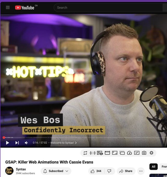 Screenshot of Syntax Youtube video with overlay "Wes Bos - Confidently Incorrect"
