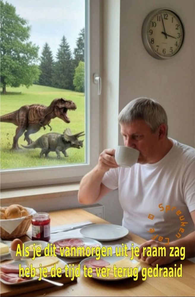 Een man met grijs haar zit aan de eethoek aan een ontbijt.
Hij neemt een slokje koffie 
Mand broodje, eitje,jam wat beleg, bord en bestek zie je op de eethoek staan / liggen. 

Hij zit half voor een witte muur met een ronde klok welke op 14.55 staat 
voor een raam waardoor je een grasveld en wat bomen ziet 
In het gras staan een dinosaurus en Dinosaurus Rex ziet staan .

Vooraan in beeld staat de text 
" als je dit vanmorgen uit je raam zag, dan heb je de tijd te ver terug gedraaid " 
