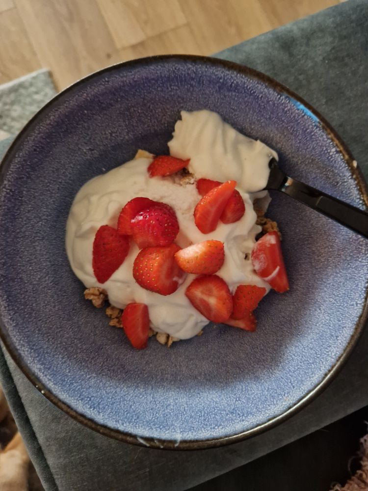 Blauwe kom , zwarte plastic vork 
Met muesli ,kwark en stukjes  zomerkoninkjes 😊
* ik gebruik bij zuivelproducten en jam alleen plastic bestek bij " gewoon" bestek ontstaat er namelijk sneller schimmel in het etenswaar *
