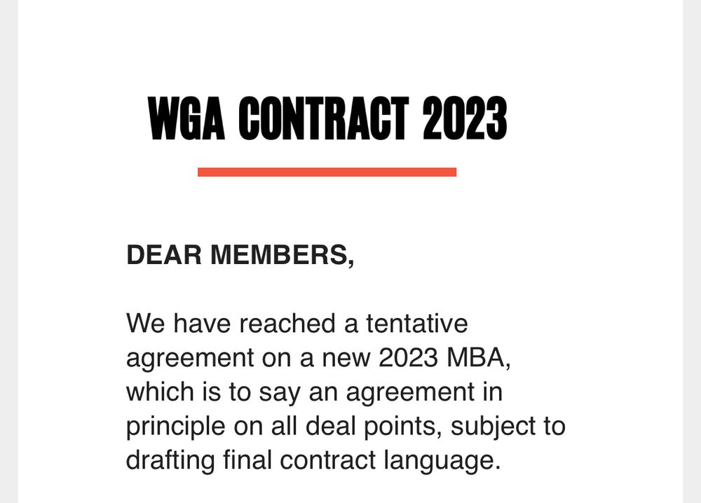 A screw cap of the header of an email from the WGA informing members that a tentative deal has been reached on a new 2023 MBA.