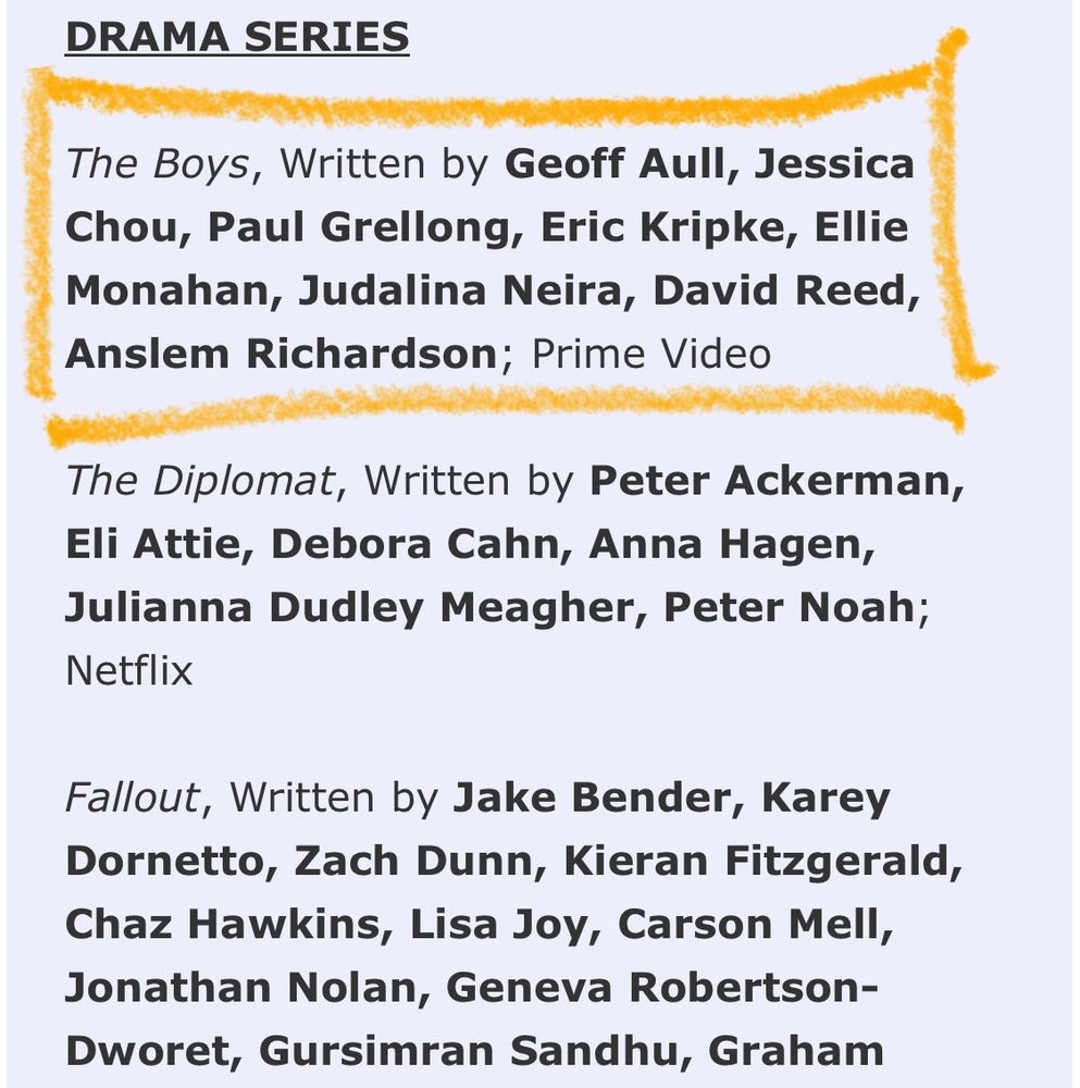 Screen cap of a *partial* list of nominees for Drama Series, WGA Awards. 

The full list of nominees is as follows:

DRAMA SERIES

The Boys, Written by Geoff Aull, Jessica Chou, Paul Grellong, Eric Kripke, Ellie Monahan, Judalina Neira, David Reed, Anslem Richardson; Prime Video    

The Diplomat, Written by Peter Ackerman, Eli Attie, Debora Cahn, Anna Hagen, Julianna Dudley Meagher, Peter Noah; Netflix            

Fallout, Written by Jake Bender, Karey Dornetto, Zach Dunn, Kieran Fitzgerald, Chaz Hawkins, Lisa Joy, Carson Mell, Jonathan Nolan, Geneva Robertson-Dworet, Gursimran Sandhu, Graham Wagner; Prime Video

Mr. & Mrs. Smith, Written by Carla Ching, Adamma Ebo, Adanne Ebo, Donald Glover, Stephen Glover, Schuyler Pappas, Francesca Sloane, Yvonne Hana Yi; Prime Video
                
Shōgun, Written by Shannon Goss, Maegan Houang, Rachel Kondo, Matt Lambert, Justin Marks, Caillin Puente, Nigel Williams, Emily Yoshida; FX/Hulu