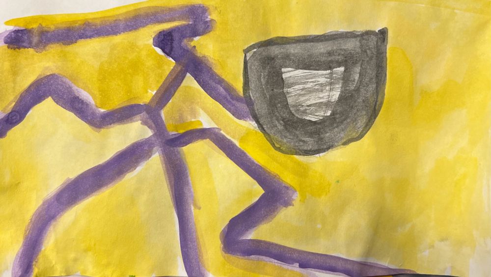 A new kid-painted version of the Vought Rising Comic-Con graphic. In the image, which has a bright yellow background, bolts of purple plasma appear to the left of a gray shield, while one bolt makes contact. (Watercolor on bog-standard printer paper, November 2024)