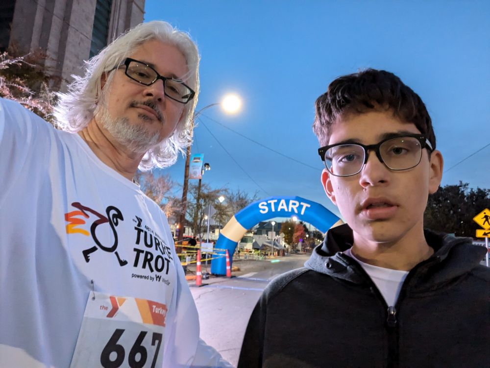 Selfie of me and my 12-year-old at the starting line of the 5k Turkey Trot. 