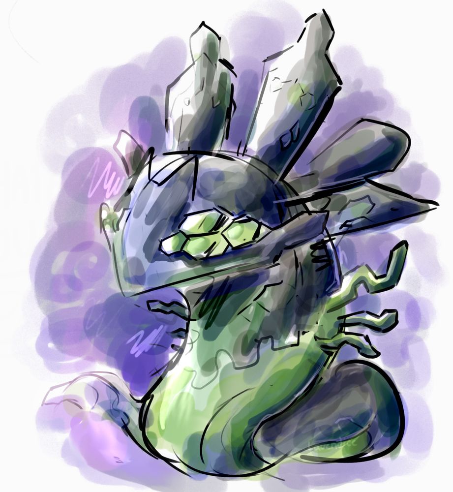 A colored digital sketch of the Pokemon Zygarde, specifically its 50 percent form. Its appearance resembles that of a cobra if it was built out of several different hexagons, with its head being black, its "eyes" (which are 4 hexagons fit against each other) being green, and its stomach also being green. It has 5 long black stalks emerging from the back of its head.