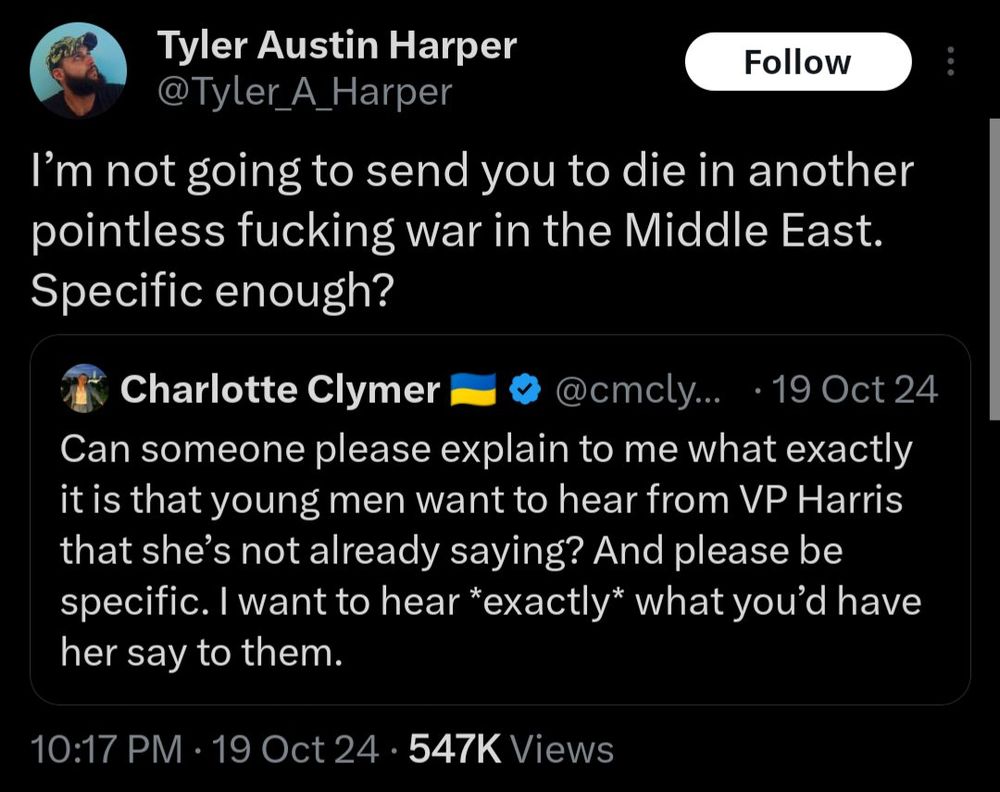 A dumb academic in a camo trucker hat tweeting that Kamala was the war candidate