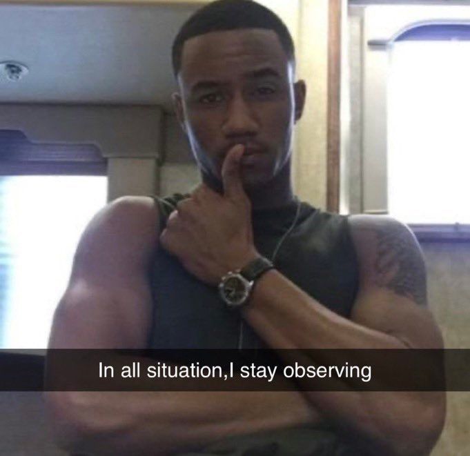 A train actor reggie Franklin hit a funny crossed arms pose with the caption “in all situation,I stay observing” the joke is the Hawkeye is just watching not doing anything 
