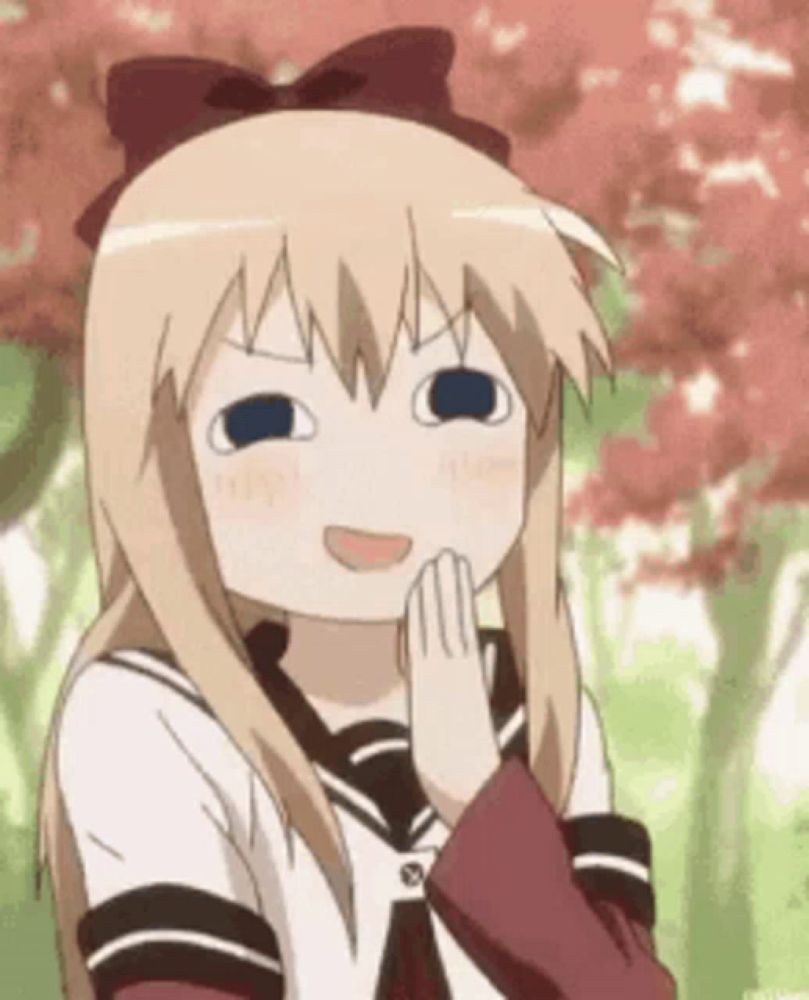 a blonde anime girl with a bow on her head is making a funny face