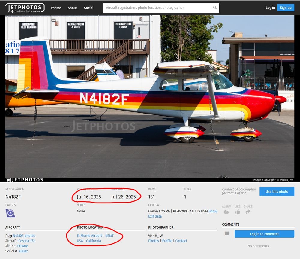 Post from Jetphotos of a July 16 2025 photo of the same aircraft at El Monte airport, properly tagged with the tail number and location.