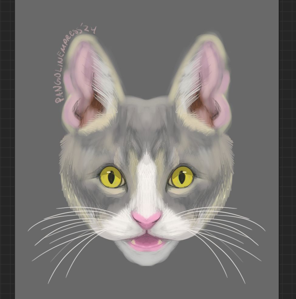 Digital painting of a grey and white kitten 