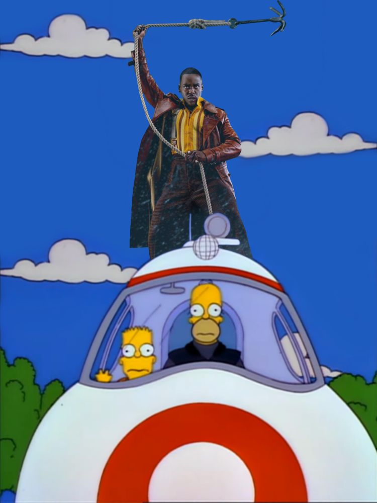 An edited still from ‘The Simpsons’ of Homer and Bart inside the control panel of a runaway monorail. The Fifteenth Doctor is on top of the monorail holding a grapple hook