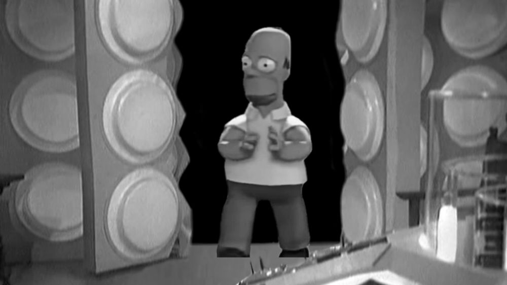 An edited still from ‘An Unearthly Child’ of Homer Simpson standing in the TARDIS doorway