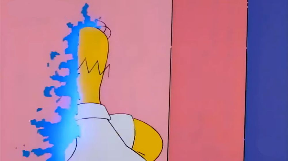 A still from ‘The Simpsons’ of Homer walking through the wall at the back of the bookcase
