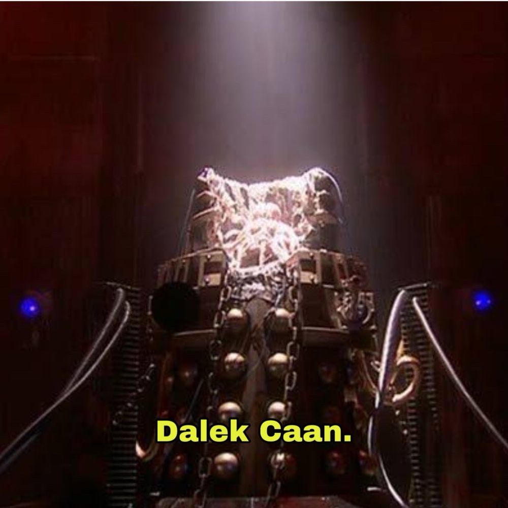 A still from ‘Journeys End’ of Dalek Caan. The text on the image says “Dalek Caan”