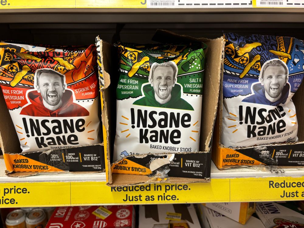 Packets of Insane Kane baked knobbly sticks on markdown in Tesco.