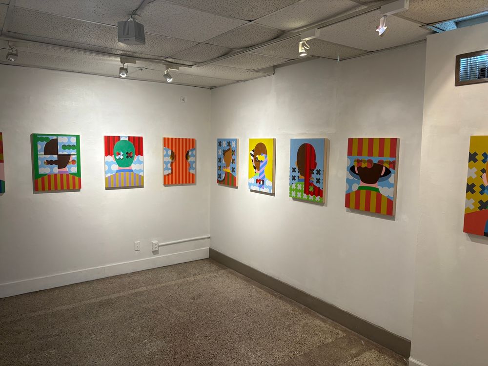 Gallery view of paintings from my “Front” series, which feature the back of a person’s head amongst various abstract elements.