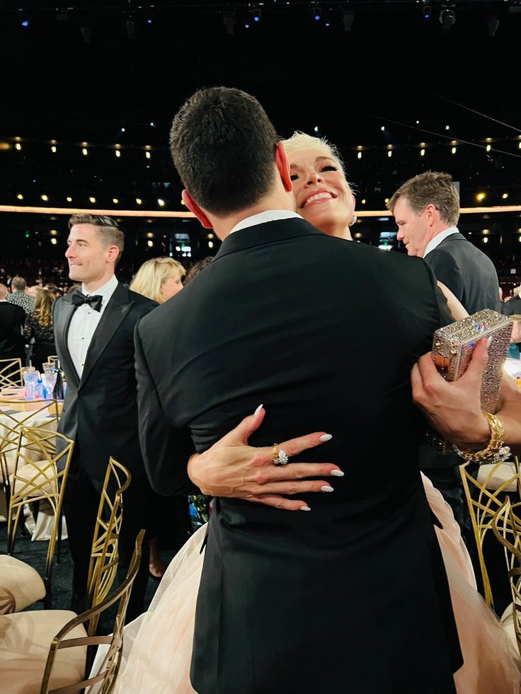 Hannah Waddingham hugging Brett Goldstein at the Emmys, 2022