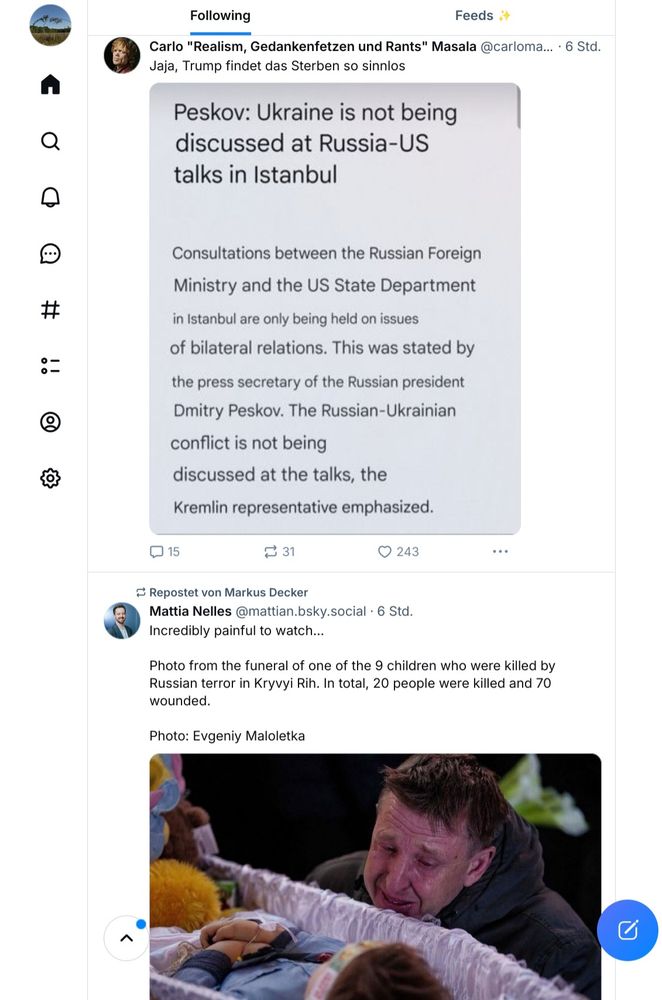 Timeline-Screenshot: Ein Posting über Russland-USA-Gespräche und ein Posting mit Bild eines weinenden Manns am Sarg eines getöteten ukrainischen Kindes.
