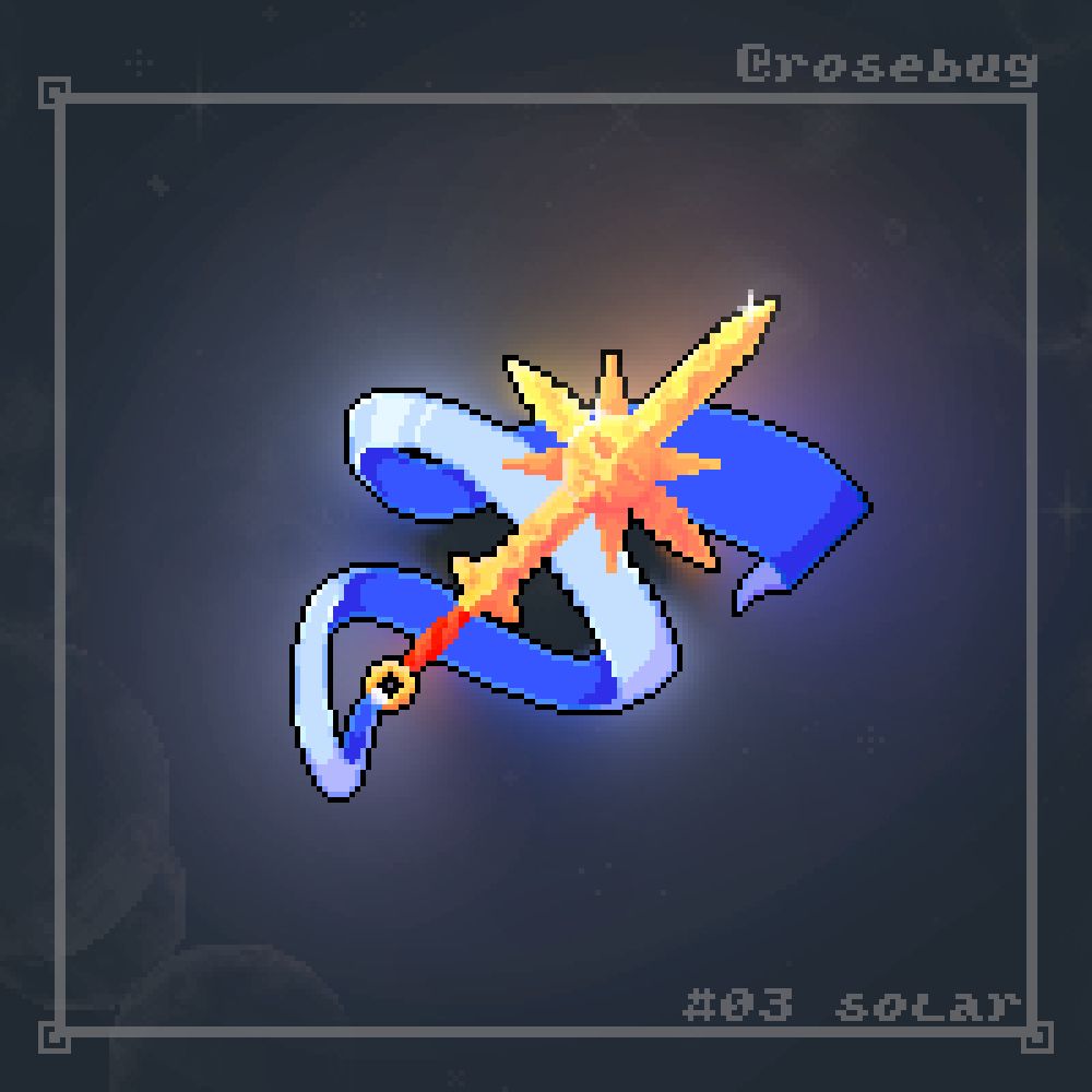 A golden sword, with a spiked sun face placed in the middle of the blade. Attached to the pommel is a long blue ribbon.