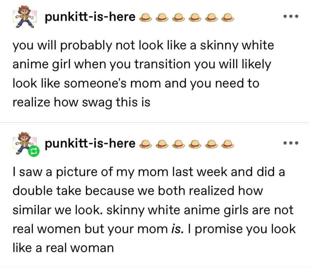 Tumblr post from punkitt-is-here:
youbwoll probably not look like a skinny white anime girl when you transition you will probaably look like someone's mom and you need to realise how swag this is

i saw a picture of my mom last week and did a double take because we both realised how similar we looked. skinny white anime girls are not real women but your mom is. i promise you look like a real woman
