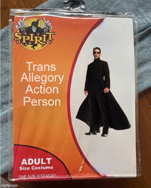 spirit halloween costume package labelled "trans allegory action person" with a picture of Neo from The Matrix
