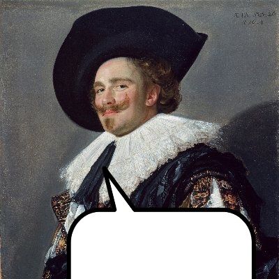 late renaissance dutch merchant, replete with big black hat, frilled collar and ridiculous handlebar mustache, with a speech bubble making it seem like he is saying the quoted post