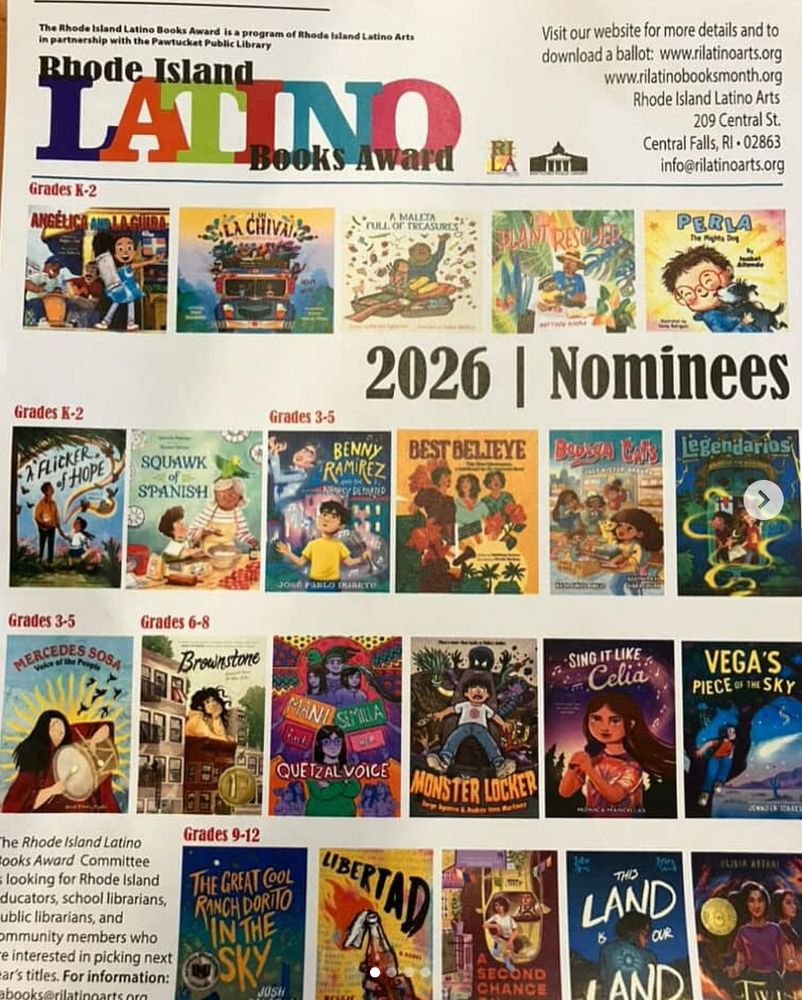 A photo of a newspaper clipping from the Rhode Island Latino Books Award, featuring the 2026 Nominees for Grades K-12.