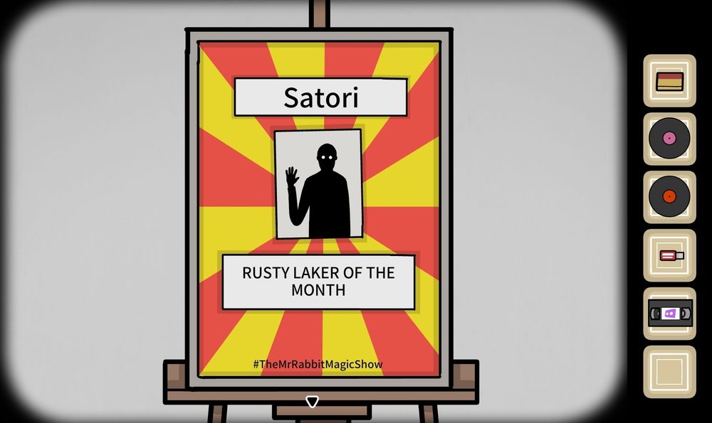 Screenshot of a poster saying "Satori" and "Rusty Laker of the Month" around a void-like humanoid figure waving, above #TheMrRabbitMagicShow