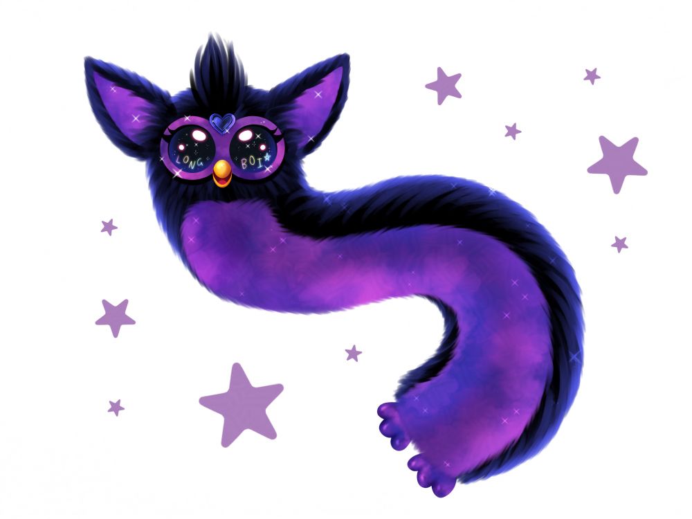 A long furby with a galaxy print stomach and black fur 