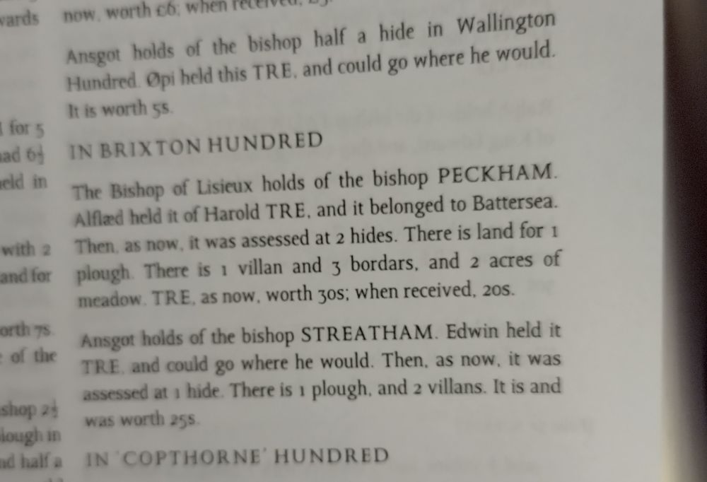 Entry in the Domesday book for Peckham and Streatham.