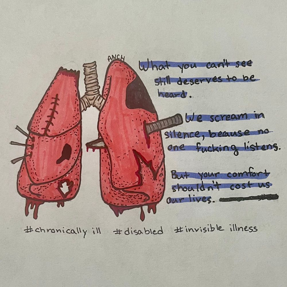 An illustration of the pain of asthma. Bleeding lungs with tears and holes and knives and needles in them. Reads “What you can’t see still deserves to be heard. We scream in silence, because no one fucking listens. But your comfort shouldn’t cost us our lives.” 
