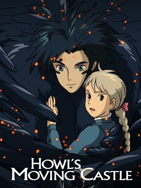 Movie poster for Howl's Moving Castle.
A feathery young man holds a grey haired woman.