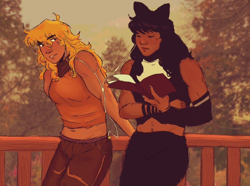 yang xiao long and blake belladonna leaning along a fence. yang is wearing a brown bandana, pants, and orange tank top, with her hands bracing the fence behind her for support. blake is wearing a black top and pants and is reading a book. blake and yang are connected by each having an earphone from a pair of wired headphones in their ear. yang is looking at blake with curiosity, a slight smile on her face. the background is of the trees and sky, slightly blurred. the drawing has warm tones. 