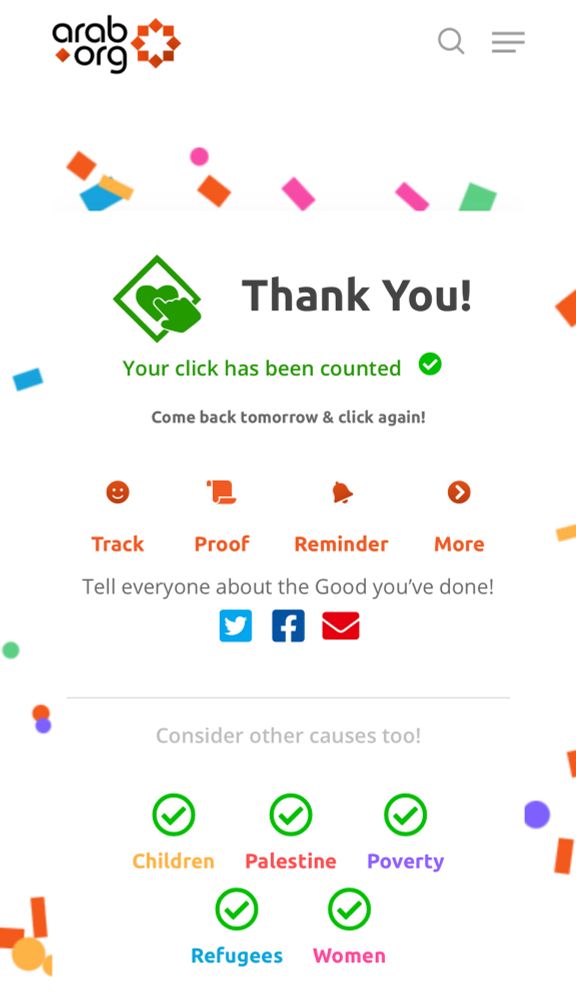 arab.orgのスクリーンショット画像。
アラブの環境に対する支援のボタンをクリックした後の完了画面が表示されている。
画像下部にはアラブの子供達、パレスチナ、貧困、難民、女性に対しての支援のリンクボタンが表示されており、全てクリック・支援済みの緑のチェックマークが表示されている。
