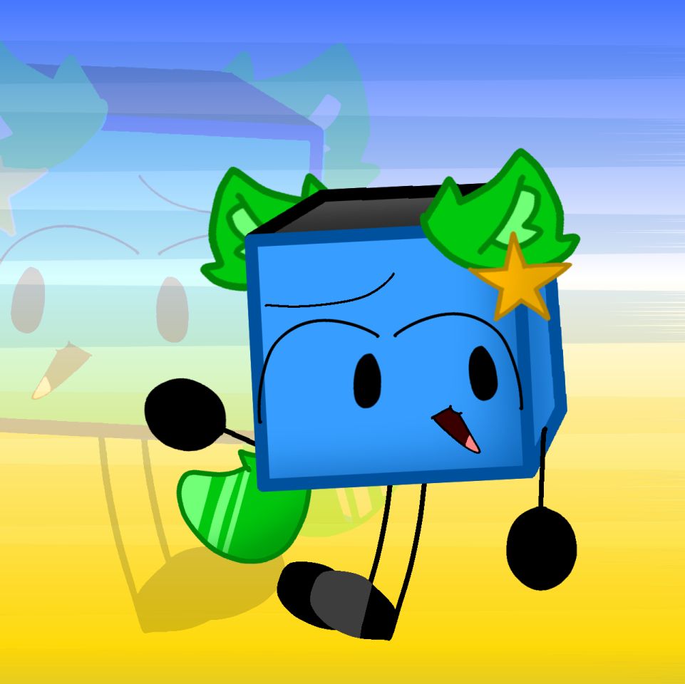 Ray's cubecat OC in a different style of Meli's, in the same pose as the second image, but glancing to the side rather than downwards with a hand raised. His tail is also noticeably different compared to the first two images. This is positioned in front of a blue-and-orange gradient background.