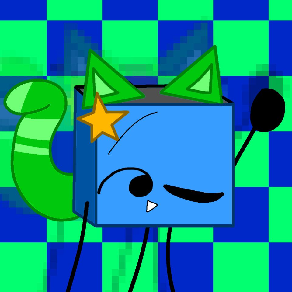 Ray's cubecat OC in Meli's style, with one hand raised and winking on the same side of the raised hand. This is positioned in front of a blue-and-green checkboard background.