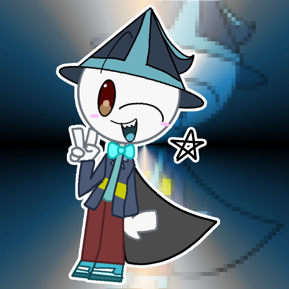 A white stick-figure with coffee-colored eyes wearing: a dark blue wizard-like hat with bluish cyan mark going up, reaching the hat's tip; a dusk blue coat with yellow markings over a cyan shirt with a turquoise bowtie, and a grey colored cape; wine-colored pants; and blue colored shoes, all in Meli's art style. He is making a peace sign with his right hand while winking at the viewer.