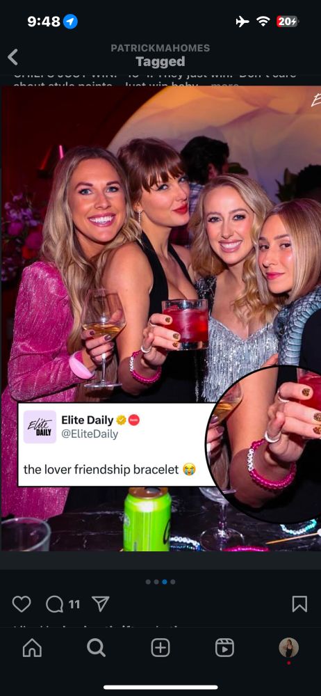 Screenshot from Instagram of a picture of Taylor swift and her friends with a close up of the bracelet she’s wearing that says “LOVER” 
