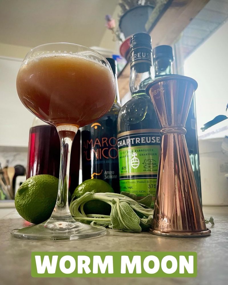 Vignette of the Worm Moon cocktail in a coupe glass on a counter, surrounded by a copper jigger and the ingredients: lime, sage, grenadine, amaro punico, chartreuse, mezcal.